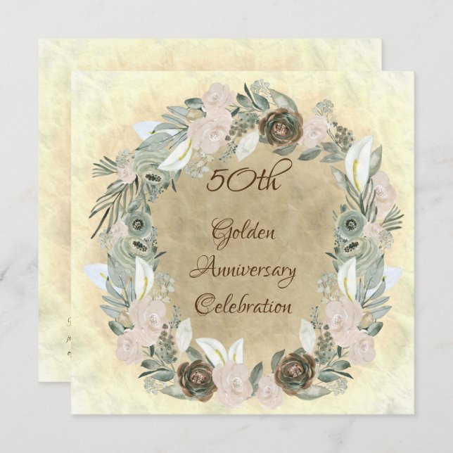  Golden Wedding Sage Green Watercolor Flowers Invitation (Front/Back)