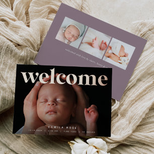 Golden Welcome   Rose Gold Foil Birth Announcement