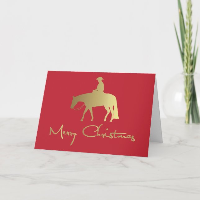 Golden Western Pleasure Horse Red Christmas Holiday Card (Front)