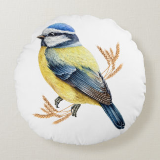 Golden Wheat and Blue Tit Round Cushion