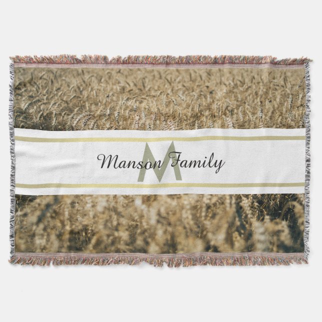 Golden Wheat Field Striped Rectangle Monogram Throw Blanket (Front)