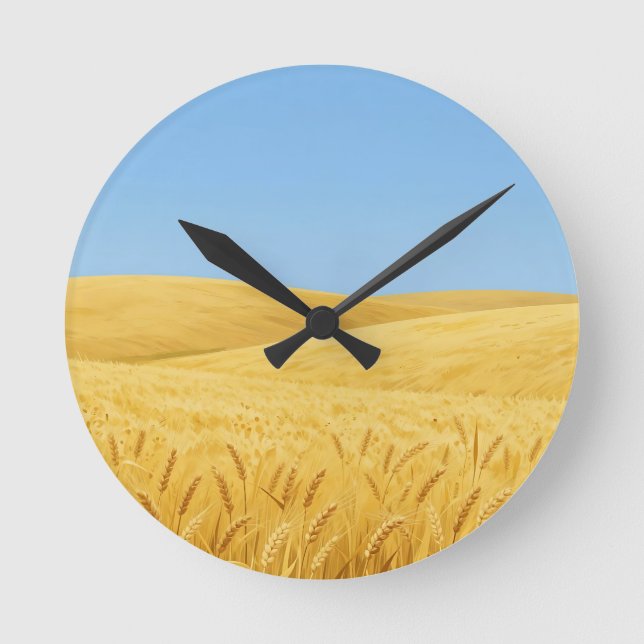 Golden Wheat Field Under Blue Sky Round Clock (Front)