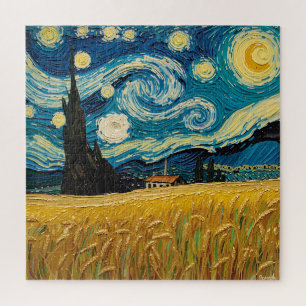 Golden Wheat Field Under Starry Skies - Textured O Jigsaw Puzzle
