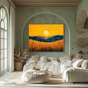 Golden Wheat Fields at Sunset, Oil Style Painting Poster