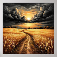 Golden Wheatfield at Sunset with Dramatic Sky