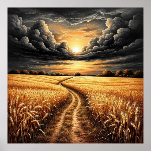 Golden Wheatfield at Sunset with Dramatic Sky Poster (Front)