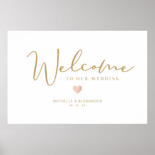 Golden Whimsical Welcome Guests Wedding Pink Heart Poster