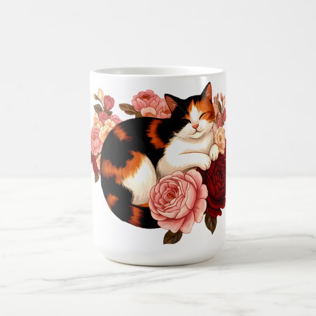 Golden Whiskers: Calico Cat in Rose Reverie Coffee Mug (Center)