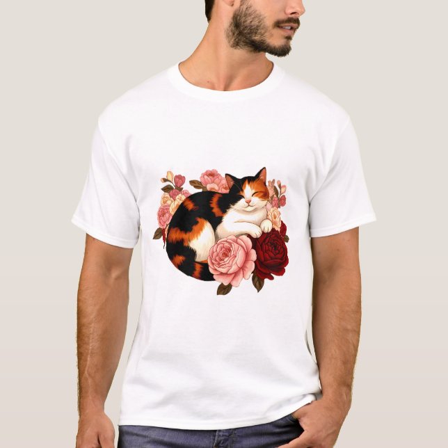 Golden Whiskers: Calico Cat in Rose Reverie T-Shirt (Front)