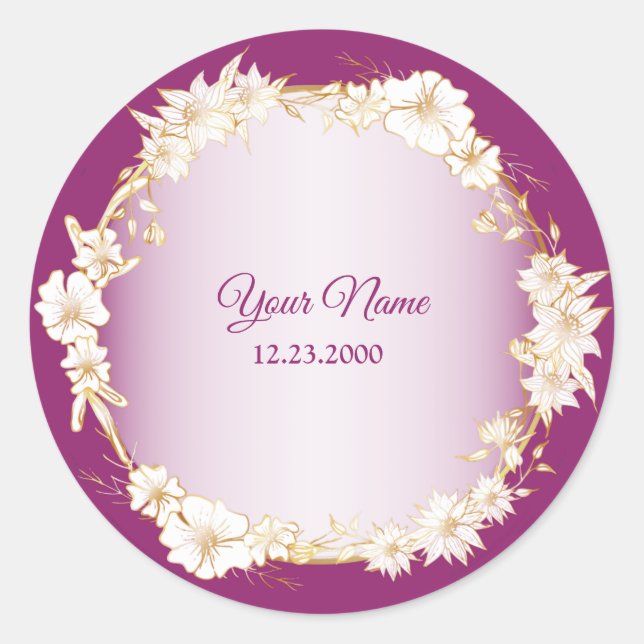 Golden White Floral Pink Geometric Rustic Wedding Classic Round Sticker (Front)