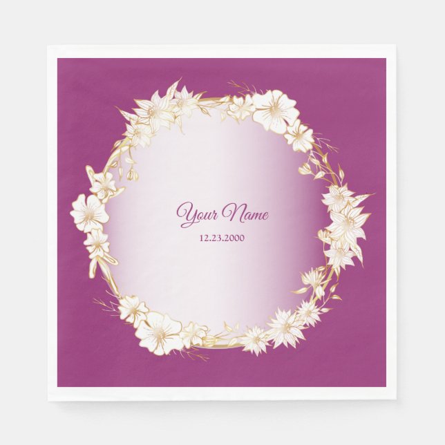 Golden White Floral Pink Geometric Wedding Party Napkin (Front)