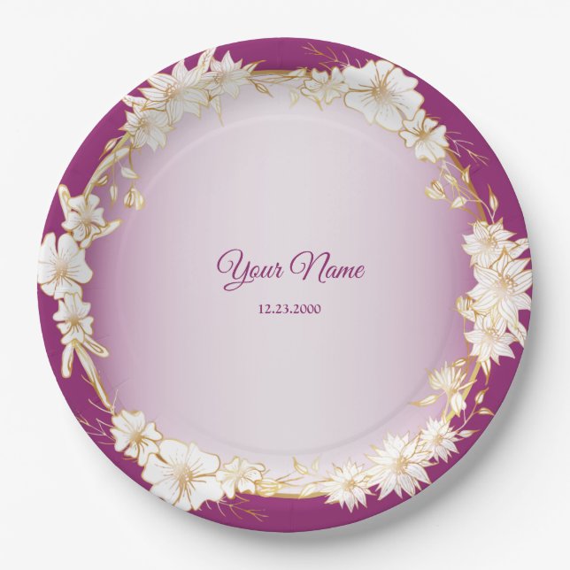 Golden White Floral Pink Geometric Wedding Party Paper Plate (Front)