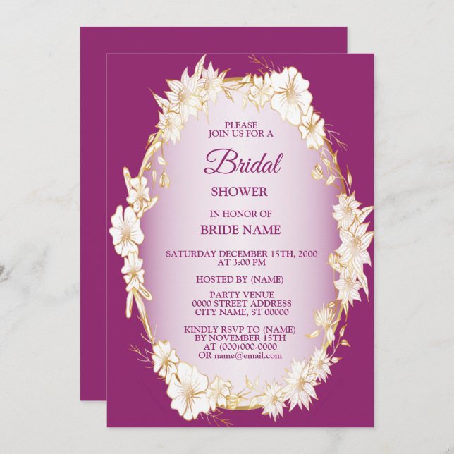 Golden White Floral Pink Wedding Bridal Shower Invitation (Front/Back)