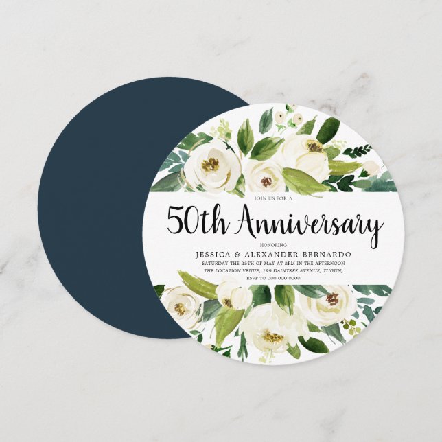 Golden White Florals 50th Wedding Anniversary Invitation (Front/Back)