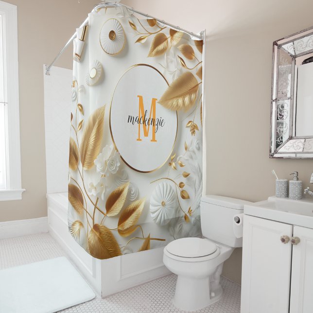 Golden White Luxury Orange Monogram Modern Script Shower Curtain (Creator Uploaded)