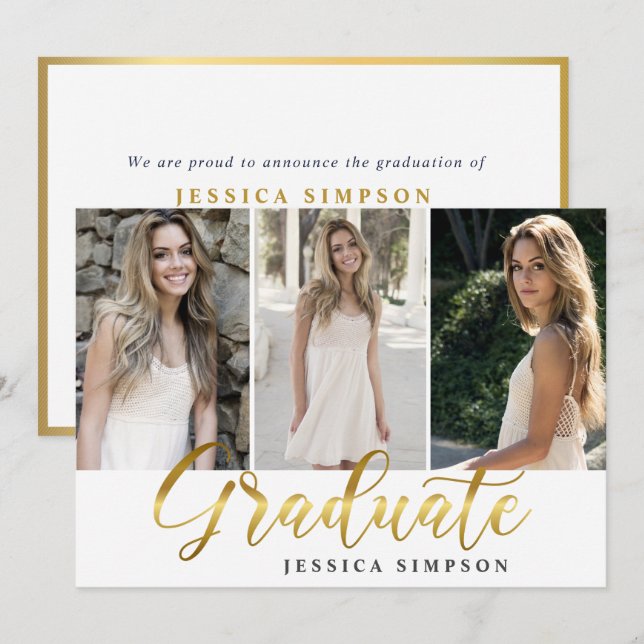 Golden White Modern 3 PHOTO Graduation Party Invitation (Front/Back)