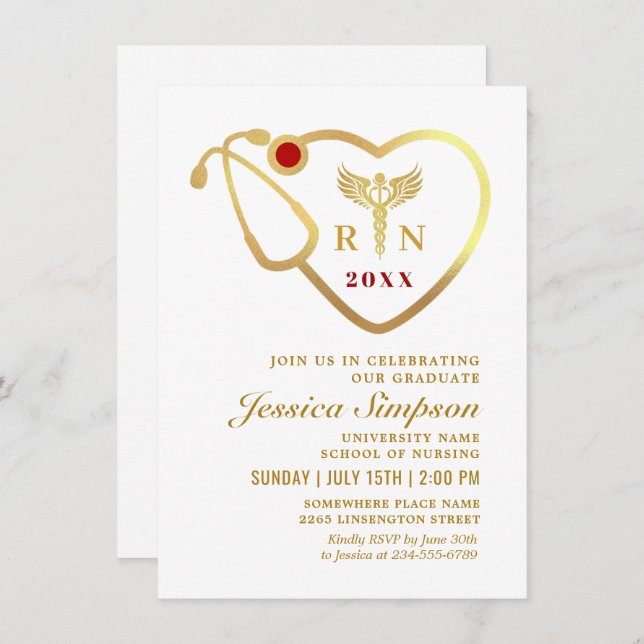 Golden White Modern Nursing School Graduation Invitation (Front/Back)