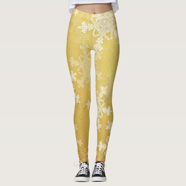Golden White Snowflakes Minimalist Christmas Leggings (Front)