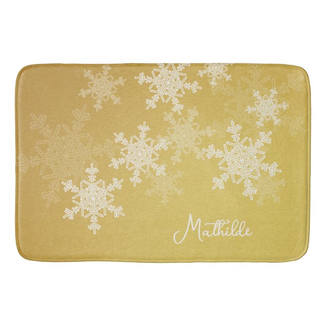 Golden White Snowflakes Minimalist Christmas Name Bath Mat (Front)