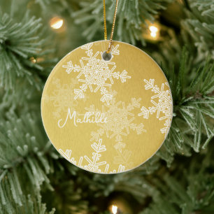 Golden White Snowflakes Minimalist Christmas Name Ceramic Tree Decoration
