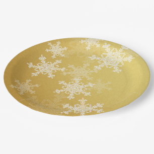 Golden White Snowflakes Minimalist Christmas Paper Plate