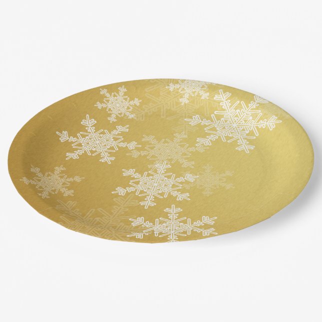 Golden White Snowflakes Minimalist Christmas Paper Plate (Angled)