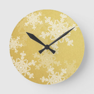 Golden White Snowflakes Minimalist Christmas Round Clock