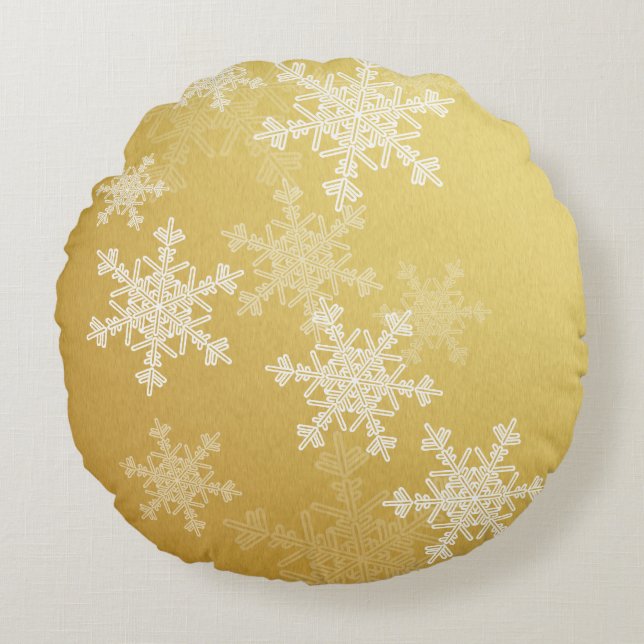 Golden White Snowflakes Minimalist Christmas Round Cushion (Front)