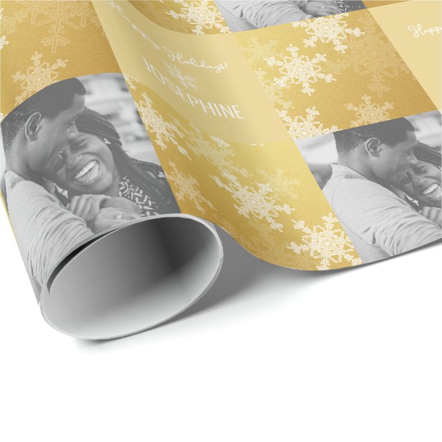 Golden White Snowlfake Minimalist Photo Christmas  Wrapping Paper (Roll Corner)