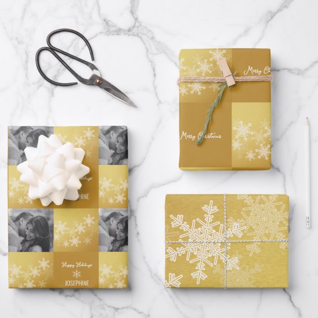 Golden White Snowlfake Minimalist Photo Christmas  Wrapping Paper Sheet (Front)