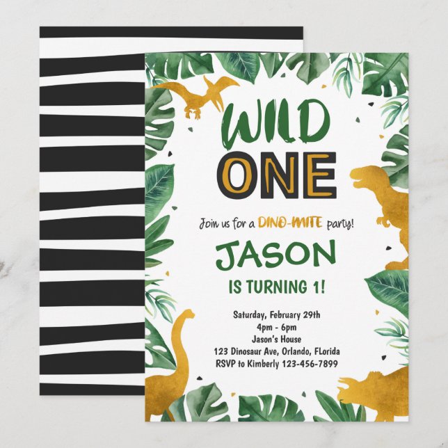 Golden Wild One Dinosaur Invitation (Front/Back)