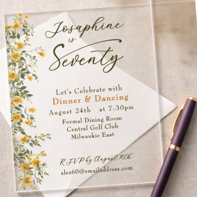  Golden Wildflower Named Photo Seventieth Birthday Acrylic Invitations (Creator Uploaded)