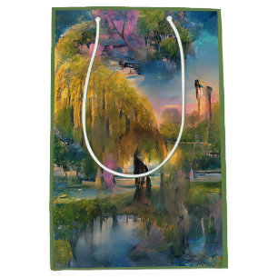 Golden Willow Tree at Sunset by the Pond Abstract  Medium Gift Bag