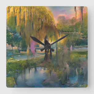 Golden Willow tree at sunset by the pond abstract  Square Wall Clock