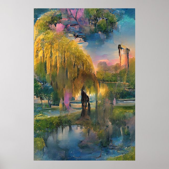 Golden Willow tree at sunset by the pond  Poster (Front)