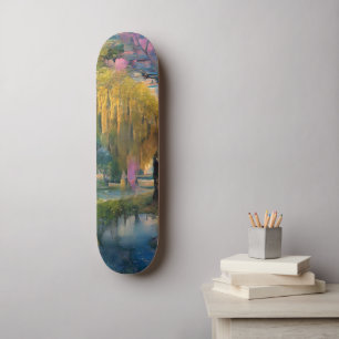Golden Willow tree at sunset by the pond   Skateboard