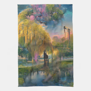 Golden Willow tree at sunset by the pond  Tea Towel