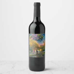 Golden Willow tree at sunset by the pond Wine Label