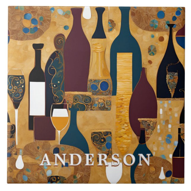 Golden Wine Glass Bottles Abstract  Tile (Front)