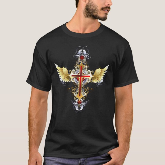 Golden Winged Dark Steel Cristian Cross T-Shirt (Front)