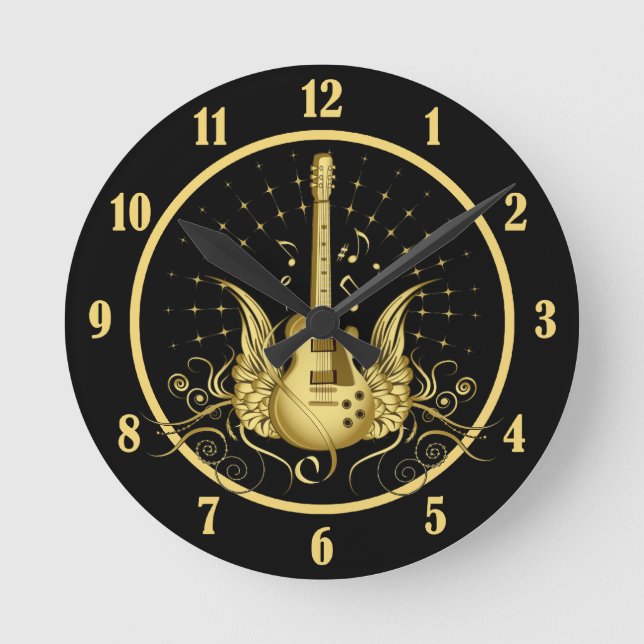 Golden Winged Guitar Round Clock (Front)