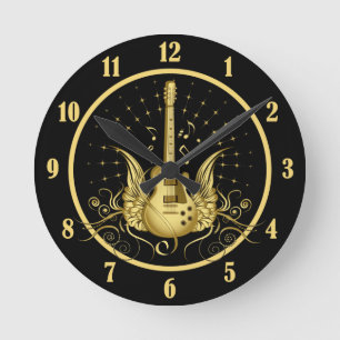 Golden Winged Guitar Round Clock