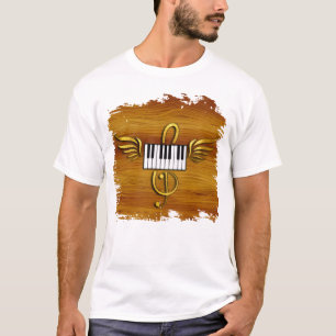 Golden Winged Piano Keys Musical Symbol Wood Grain T-Shirt