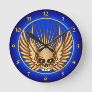 Golden Winged Skull Round Clock