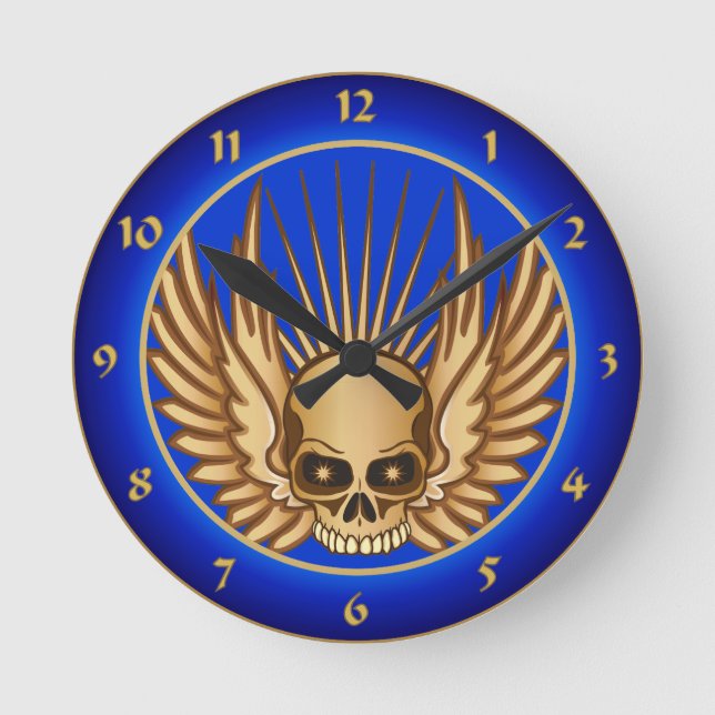 Golden Winged Skull Round Clock (Front)