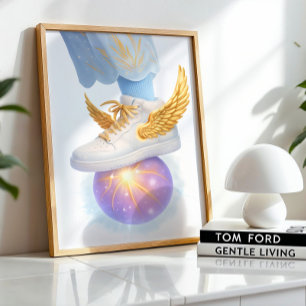 Golden Winged Sneaker on Glowing Orb Poster