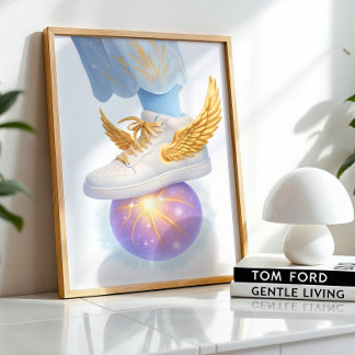 Golden Winged Sneaker on Glowing Orb Poster