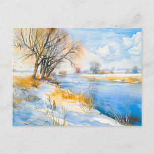 Golden Winter by the River Havelland Watercolor Postcard
