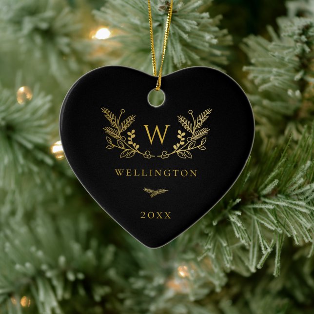 Golden Winter Sprigs Monogram Black Ceramic Tree Decoration (Tree)