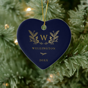 Golden Winter Sprigs Monogram Blue Ceramic Tree Decoration